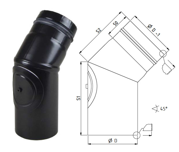 Ofenrohrbogen, 2-teilig, 90°, 100mm, mit Tür, schwarz